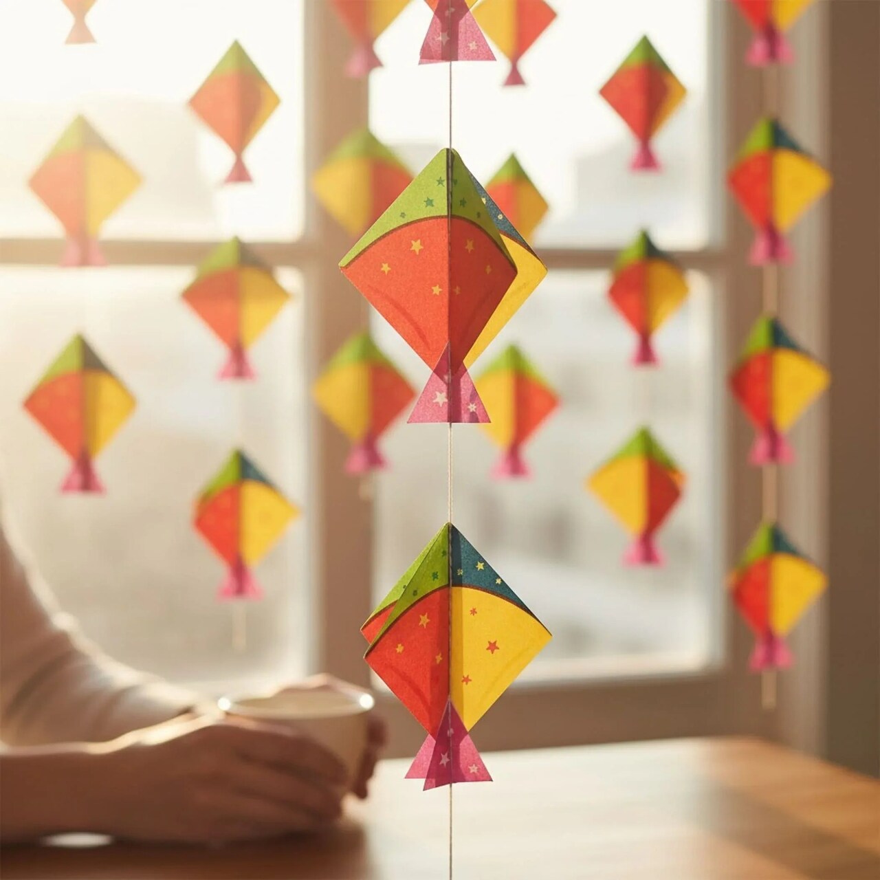 Happy Makar Sankranti Mini Kites Frill - Decorative Small Size Kite Cutouts Flying Kites Wall Hanging Strings Sankranthi Pongal Lohri Patang Decorations Paper Strings